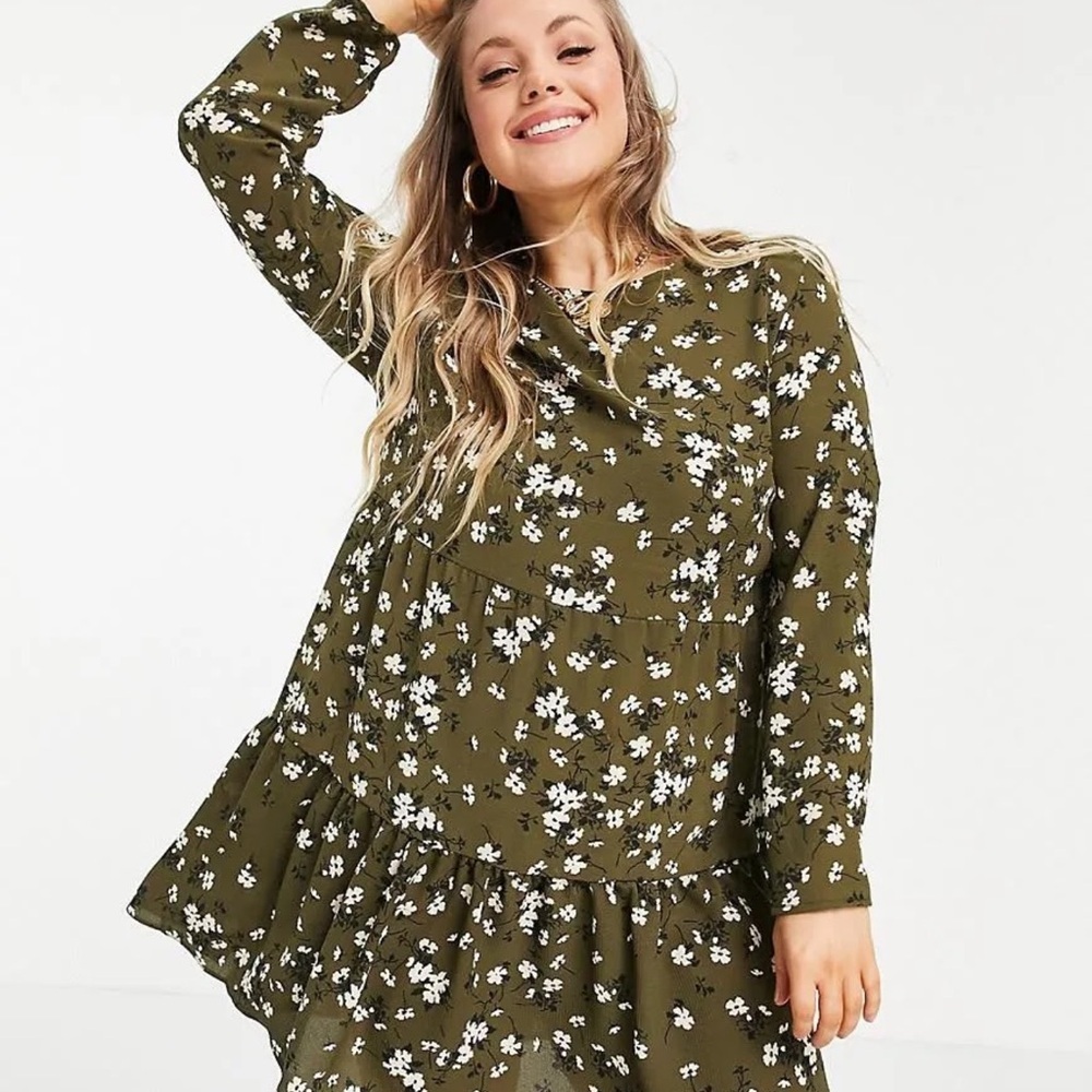 ASOS Womens Olive Green and White Floral Long Sleeve Midi Dress